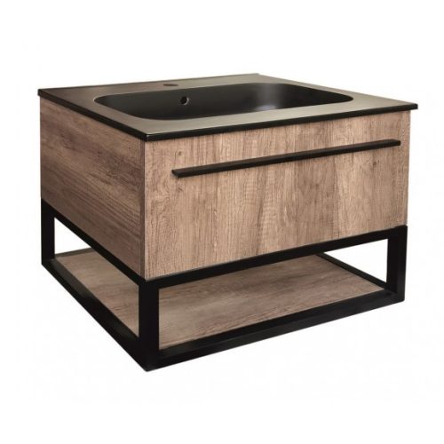 Inter Ceramic ICP 6050WOODEN ANIELA 6104-4 fa színű fali alsóbútor, fekete vázzal, fekete műmárvány mosdóval 61x46,3x51,9 cm