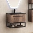 Inter Ceramic ICP 6050WOODEN ANIELA 6104-4 fa színű fali alsóbútor, fekete vázzal, fekete műmárvány mosdóval 61x46,3x51,9 cm