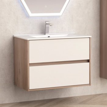   Inter Ceramic ICP 7555 PS011 fa színű fali alsóbútor, fényes fehér fiók előlappal, 7646WB porcelán mosdóval 76x46x56,5 cm