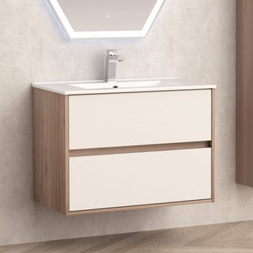 Inter Ceramic ICP 7555 PS011 fa színű fali alsóbútor, fényes fehér fiók előlappal, 7646WB porcelán mosdóval 76x46x56,5 cm