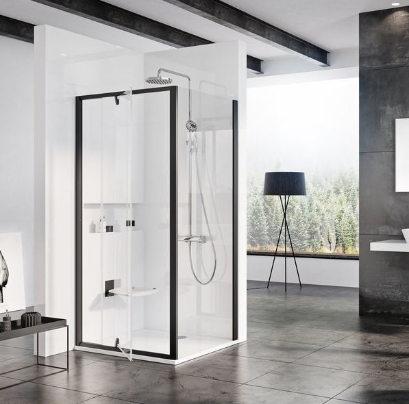 Ravak Pivot PDOP2 + PPS Szögletes nyílóajtós zuhanykabin, Fekete kerettel, 190 cm magas